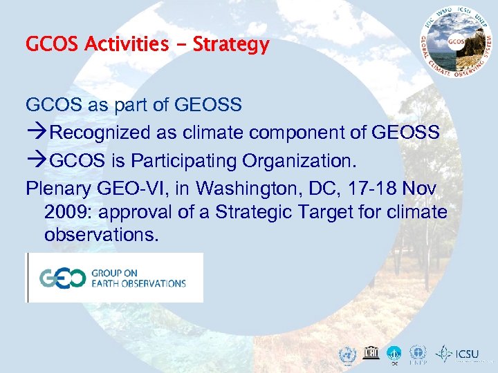 GCOS Activities - Strategy GCOS as part of GEOSS Recognized as climate component of