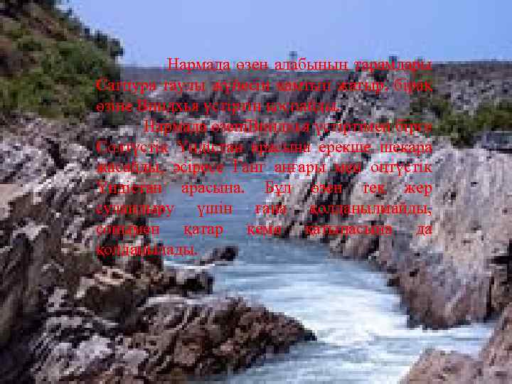 Нармада өзен алабының тарамдары Сатпура таулы жүйесін қамтып жатыр, бірақ өзіне Виндхья үстіртін қоспайды.