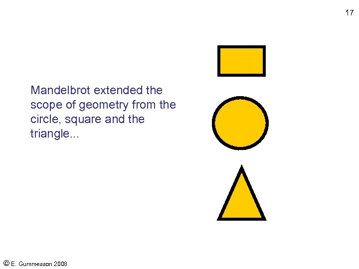 17 Mandelbrot extended the scope of geometry from the circle, square and the triangle.