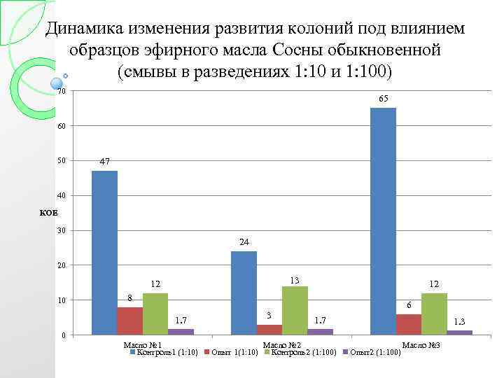 Динамика изменения развития колоний под влиянием образцов эфирного масла Сосны обыкновенной (смывы в разведениях