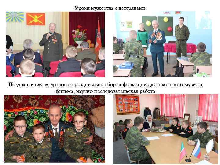 Уроки мужества с ветеранами Поздравление ветеранов с праздниками, сбор информации для школьного музея и