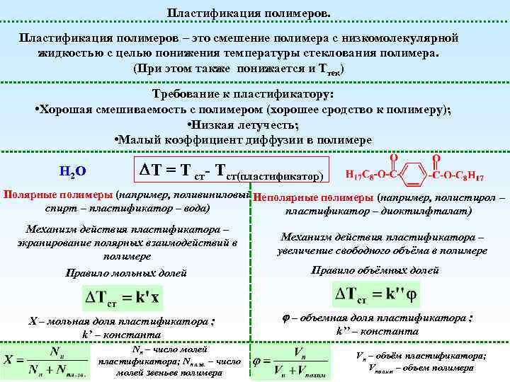 Пластификация полимеров – это смешение полимера с низкомолекулярной жидкостью с целью понижения температуры стеклования