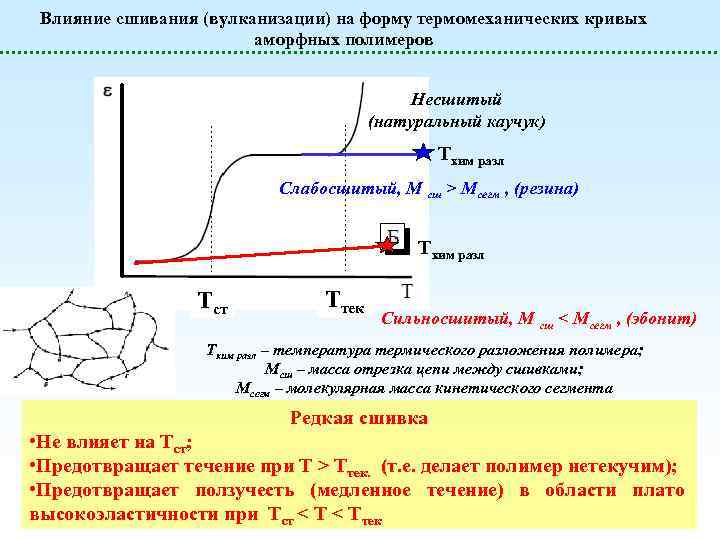 Влияние сшивания (вулканизации) на форму термомеханических кривых аморфных полимеров Несшитый (натуральный каучук) Тхим разл
