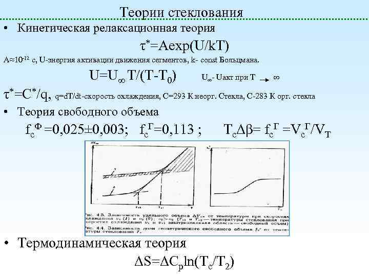 Теории стеклования • Кинетическая релаксационная теория τ*=Aexp(U/k. T) A≈10 -12 c, U-энергия активации движения
