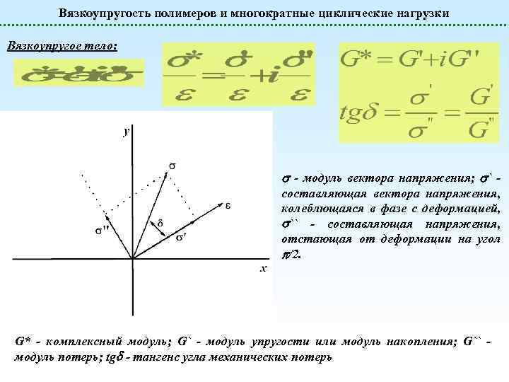Вязкоупругость полимеров и многократные циклические нагрузки Вязкоупругое тело: - модуль вектора напряжения; ` составляющая