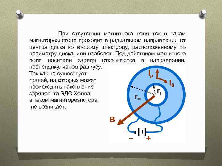  При отсутствии магнитного поля ток в таком магниторезисторе проходит в радиальном направлении от