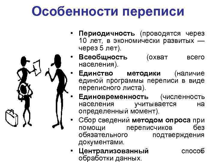 Особенности переписи • Периодичность (проводятся через 10 лет, в экономически развитых — через 5