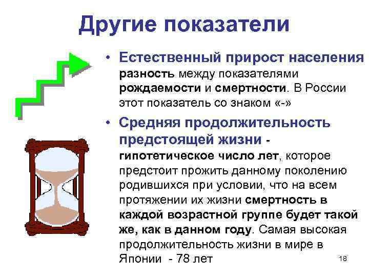 Другие показатели • Естественный прирост населения разность между показателями рождаемости и смертности. В России