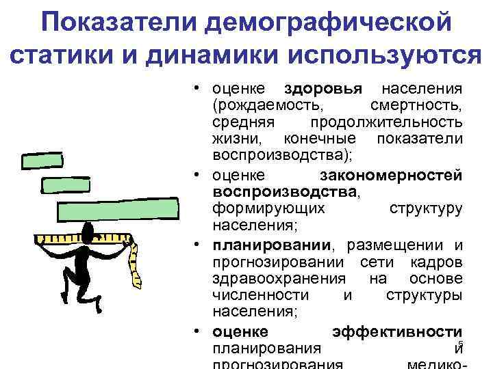 Показатели демографической статики и динамики используются • оценке здоровья населения (рождаемость, смертность, средняя продолжительность