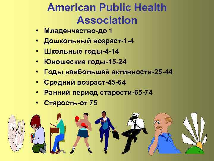 American Public Health Association • • Младенчество-до 1 Дошкольный возраст-1 -4 Школьные годы-4 -14