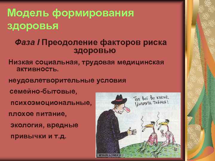 Модель формирования здоровья Фаза I Преодоление факторов риска здоровью Низкая социальная, трудовая медицинская активность.