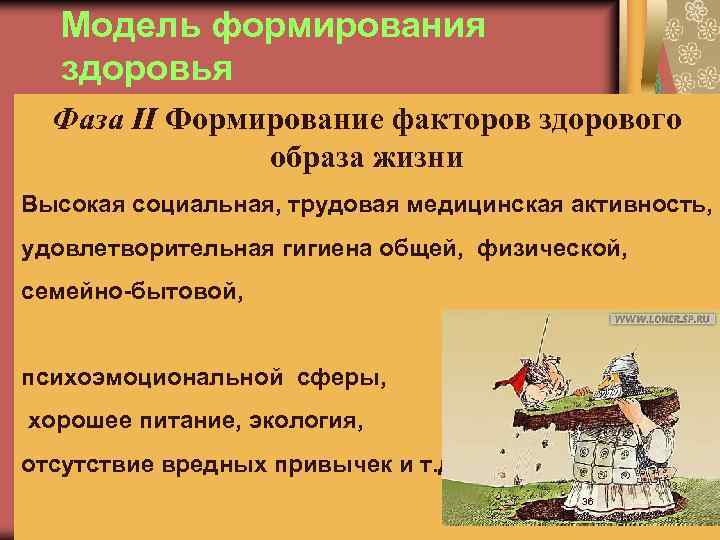 Модель формирования здоровья Фаза II Формирование факторов здорового образа жизни Высокая социальная, трудовая медицинская