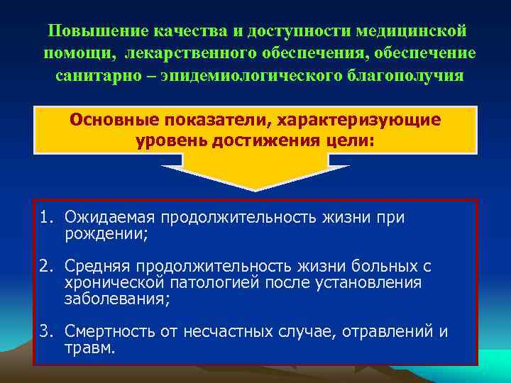 Повышение качества и доступности медицинской помощи, лекарственного обеспечения, обеспечение санитарно – эпидемиологического благополучия Основные