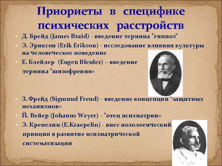 Приориеты в специфике психических расстройств Д. Брейд (James Braid) - введение термина 