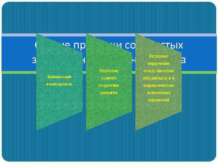 Общие признаки сосудистых заболеваний головного мозга Клинический полиморфизм Отсутствие единого стереотипа развития Отсутствие корреляции