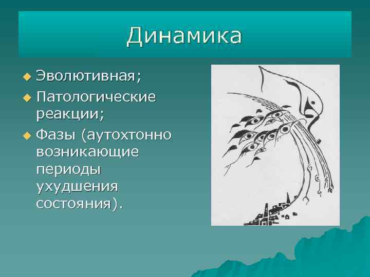 Динамика Эволютивная; u Патологические реакции; u Фазы (аутохтонно возникающие периоды ухудшения состояния). u 