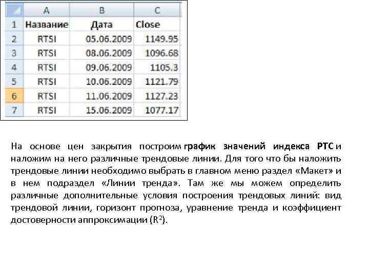 На основе цен закрытия построим график значений индекса РТС и наложим на него различные