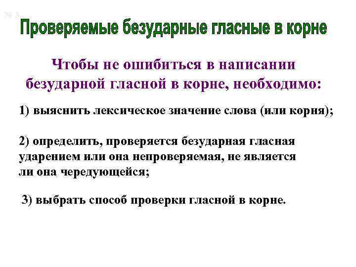 № 3 Чтобы не ошибиться в написании безударной гласной в корне, необходимо: 1) выяснить