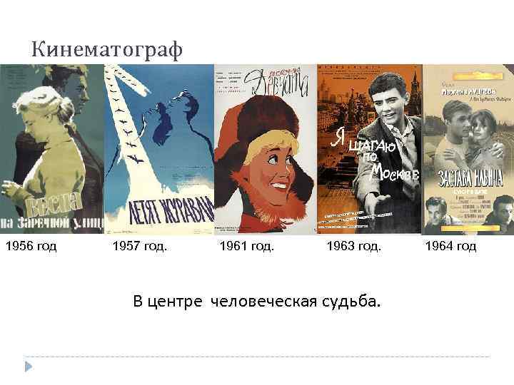 Кинематограф 1956 год 1957 год. 1961 год. 1963 год. В центре человеческая судьба. 1964