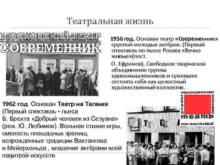 Театральная жизнь 1956 год. Основан театр «Современник» группой молодых актёров. (Первый спектакль по пьесе