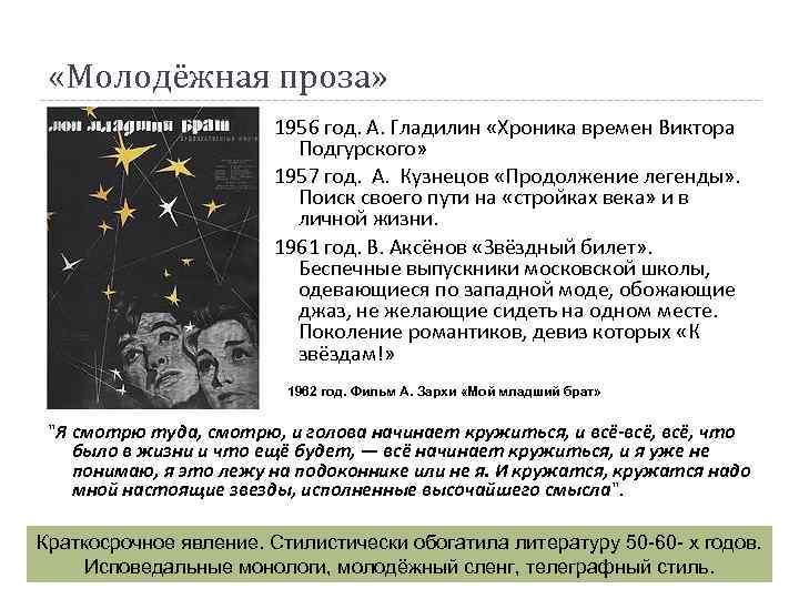  «Молодёжная проза» 1956 год. А. Гладилин «Хроника времен Виктора Подгурского» 1957 год. А.