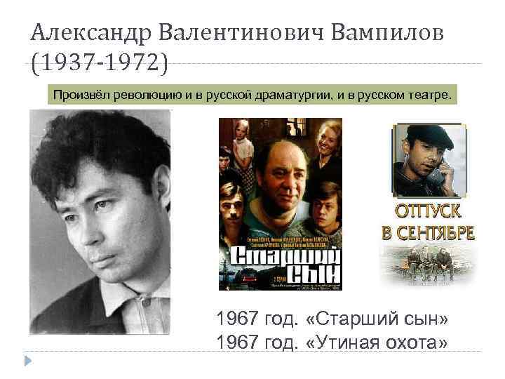 Александр Валентинович Вампилов (1937 -1972) Произвёл революцию и в русской драматургии, и в русском