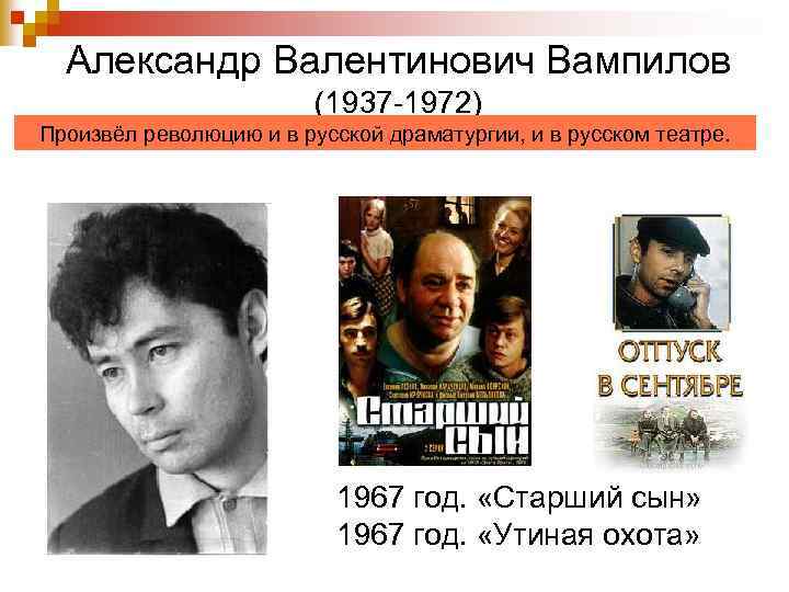 Александр Валентинович Вампилов (1937 -1972) Произвёл революцию и в русской драматургии, и в русском