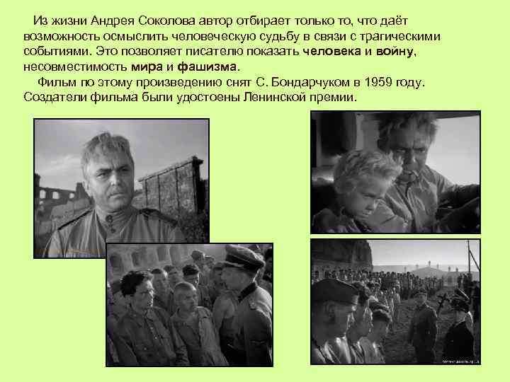 Из жизни Андрея Соколова автор отбирает только то, что даёт возможность осмыслить человеческую судьбу