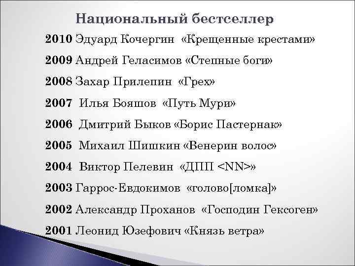  Национальный бестселлер 2010 Эдуард Кочергин «Крещенные крестами» 2009 Андрей Геласимов «Степные боги» 2008