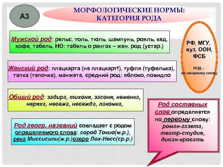 А 3 МОРФОЛОГИЧЕСКИЕ НОРМЫ: КАТЕГОРИЯ РОДА Мужской род: рельс, толь, тюль, шампунь, рояль, кед,