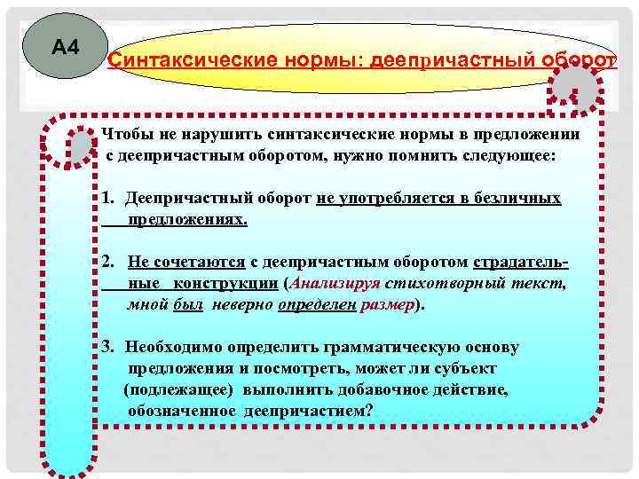 А 4 Синтаксические нормы: деепричастный оборот Чтобы не нарушить синтаксические нормы в предложении с