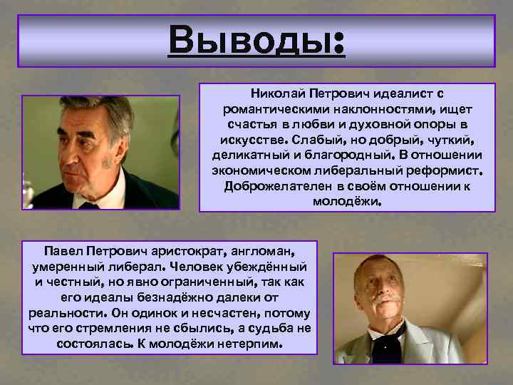 Выводы: Николай Петрович идеалист с романтическими наклонностями, ищет счастья в любви и духовной опоры