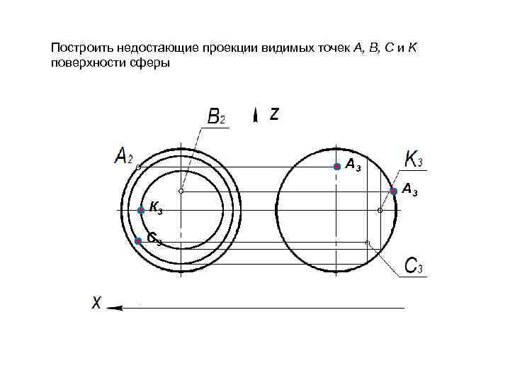 Построить недостающие проекции точек. Построение недостающих проекций точек. Построение точек на сфере. Проекции точек на сфере. Построение проекций точек принадлежащих поверхности сферы.