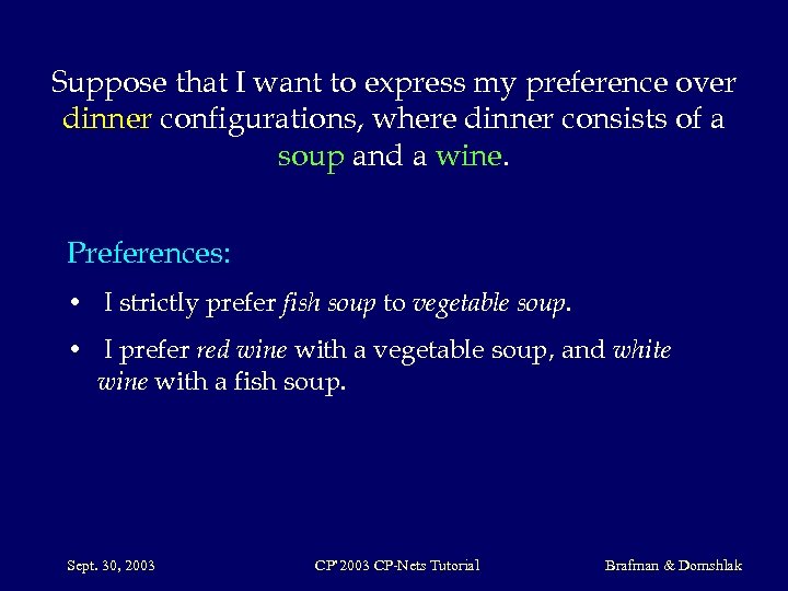 Suppose that I want to express my preference over dinner configurations, where dinner consists