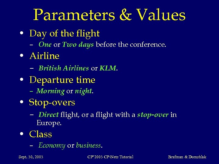 Parameters & Values • Day of the flight – One or Two days before