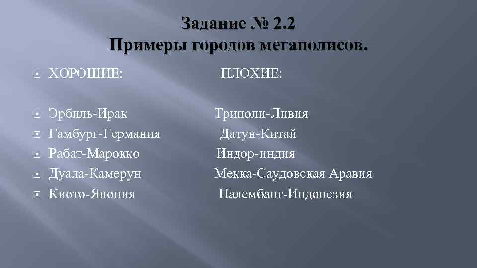 Задание № 2. 2 Примеры городов мегаполисов. ХОРОШИЕ: Эрбиль-Ирак Гамбург-Германия Рабат-Марокко Дуала-Камерун Киото-Япония ПЛОХИЕ:
