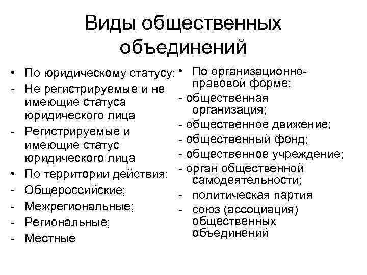 Виды общественных объединений • По юридическому статусу: • По организационноправовой форме: - Не регистрируемые