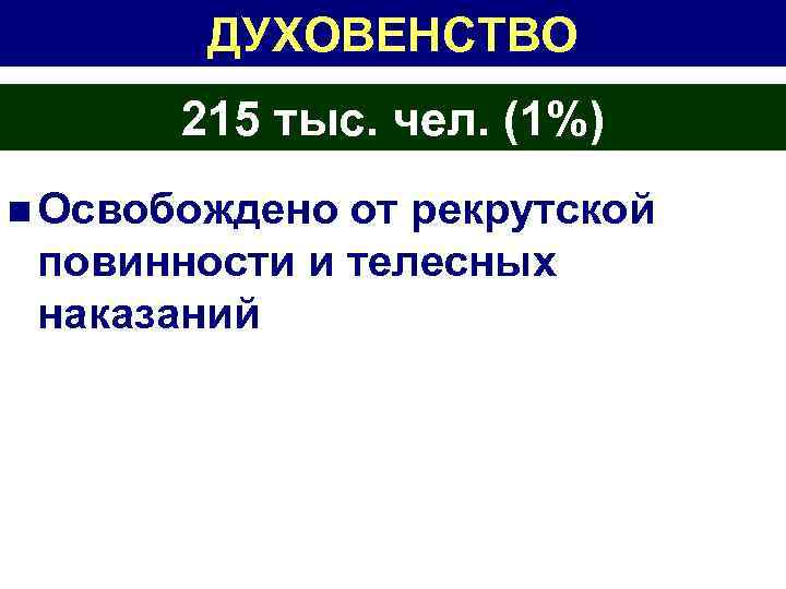 ДУХОВЕНСТВО 215 тыс. чел. (1%) n Освобождено от рекрутской повинности и телесных наказаний 