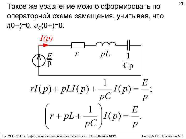 Такое же уравнение можно сформировать по операторной схеме замещения, учитывая, что i(0+)=0, u. C(0+)=0.