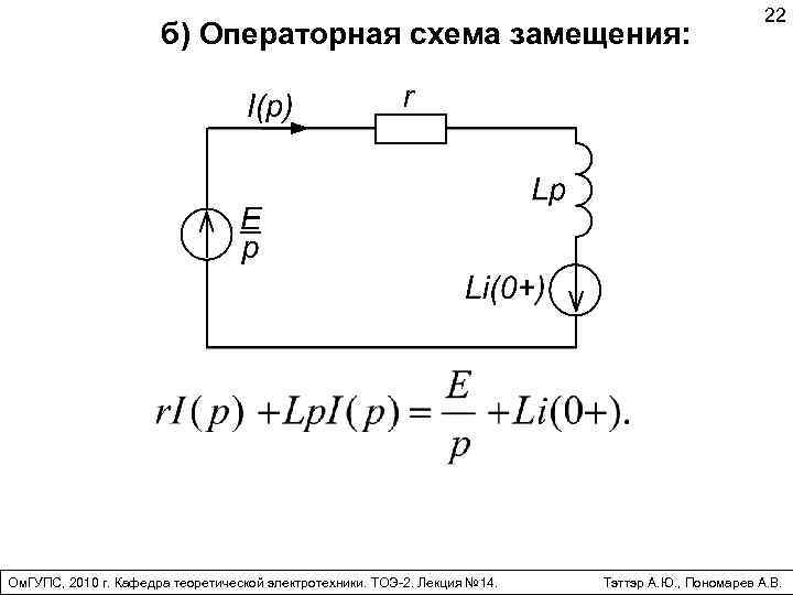 б) Операторная схема замещения: Ом. ГУПС, 2010 г. Кафедра теоретической электротехники. ТОЭ-2. Лекция №