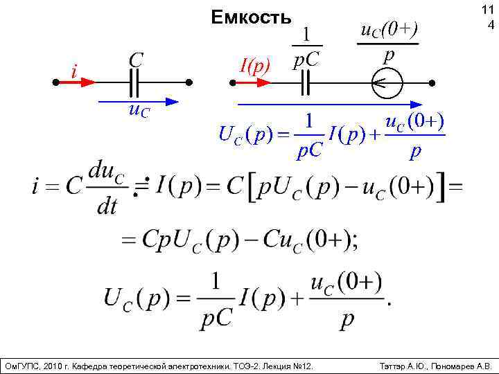 Емкость Ом. ГУПС, 2010 г. Кафедра теоретической электротехники. ТОЭ-2. Лекция № 12. 11 4