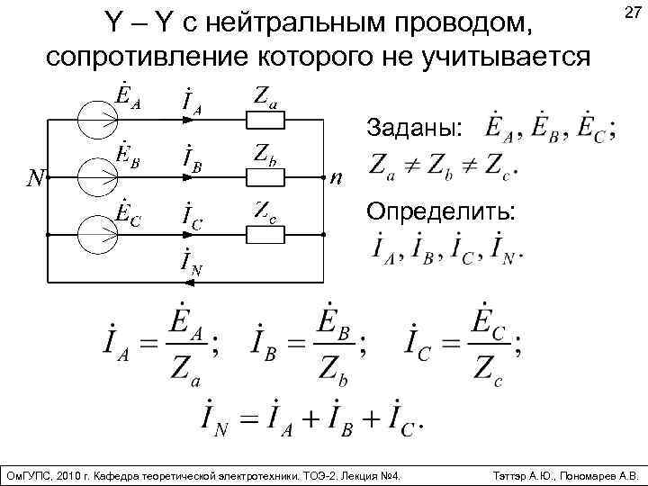 Y – Y с нейтральным проводом, сопротивление которого не учитывается 27 Заданы: Определить: Ом.