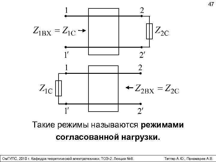47 Такие режимы называются режимами согласованной нагрузки. Ом. ГУПС, 2010 г. Кафедра теоретической электротехники.