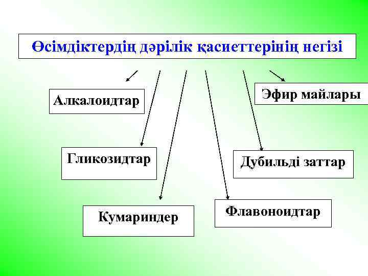 Өсімдіктердің дәрілік қасиеттерінің негізі Алкалоидтар Гликозидтар Кумариндер Эфир майлары Дубильді заттар Флавоноидтар 