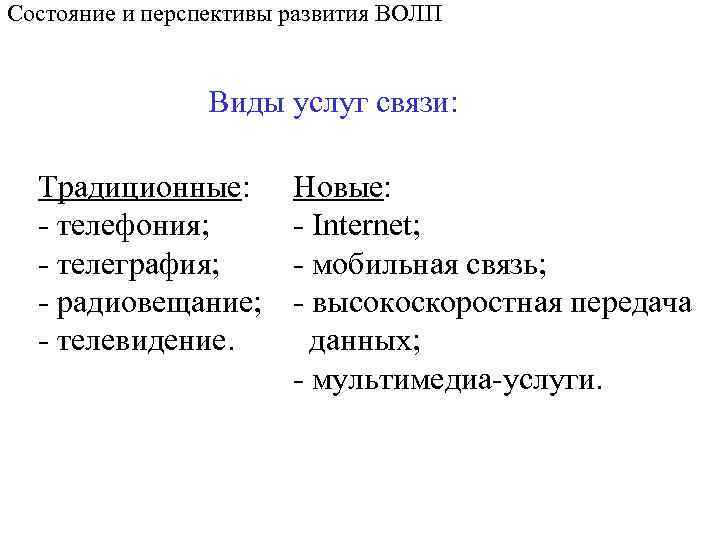 Состояние и перспективы развития ВОЛП Виды услуг связи: Традиционные: - телефония; - телеграфия; -
