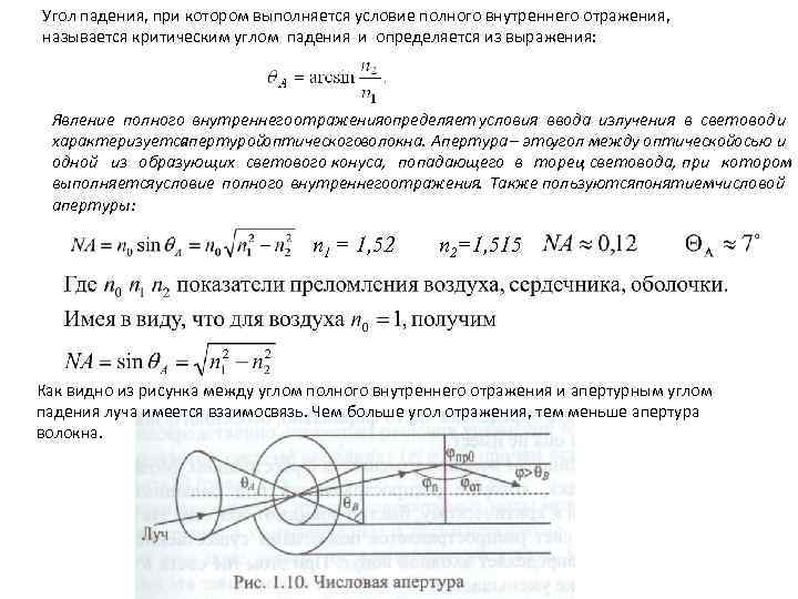 Угол падения, при котором выполняется условие полного внутреннего отражения, называется критическим углом падения и
