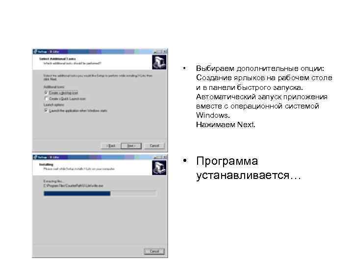  • Выбираем дополнительные опции: Создание ярлыков на рабочем столе и в панели быстрого