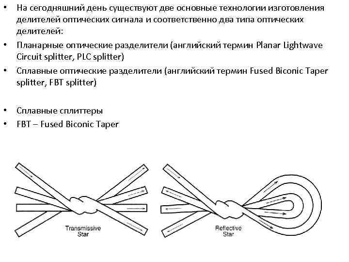  • На сегодняшний день существуют две основные технологии изготовления делителей оптических сигнала и