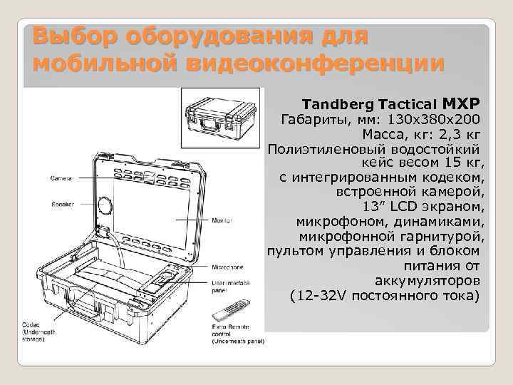 Выбор оборудования для мобильной видеоконференции Tandberg Tactical MXP Габариты, мм: 130 х380 х200 Масса,