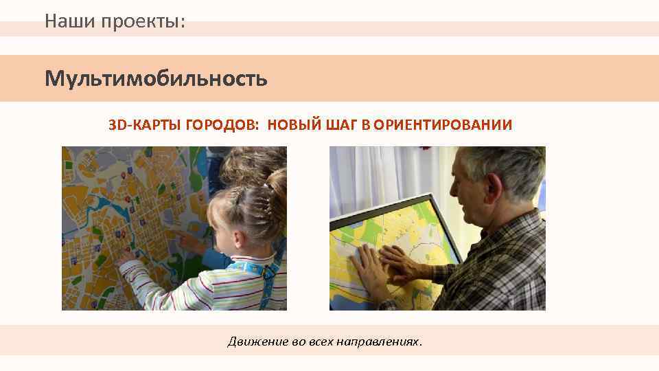 Наши проекты: Мультимобильность 3 D-КАРТЫ ГОРОДОВ: НОВЫЙ ШАГ В ОРИЕНТИРОВАНИИ Движение во всех направлениях.